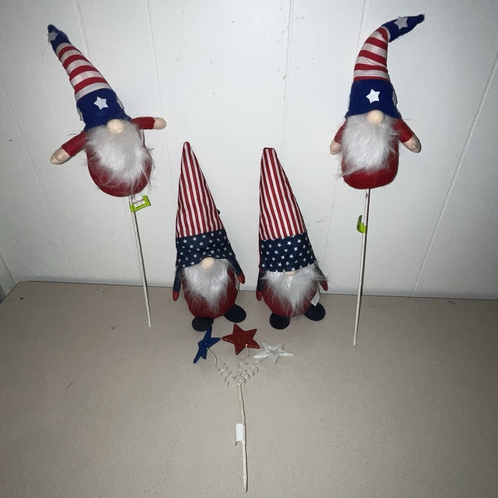 Patriotic July 4th Plush Gnomes Floral Sticks Red White Blue Stars Stripes 5pc
